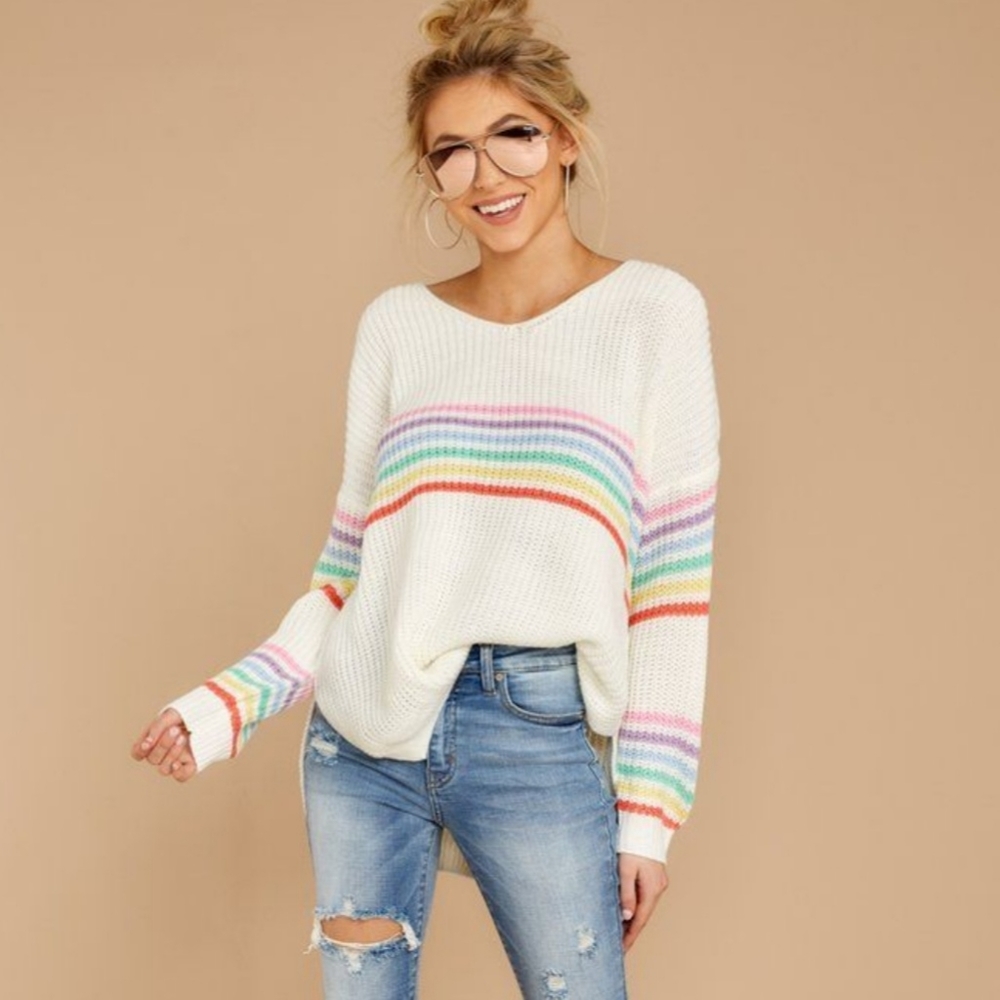 Boutique Rainbow Striped V-neck Pullover Sweater